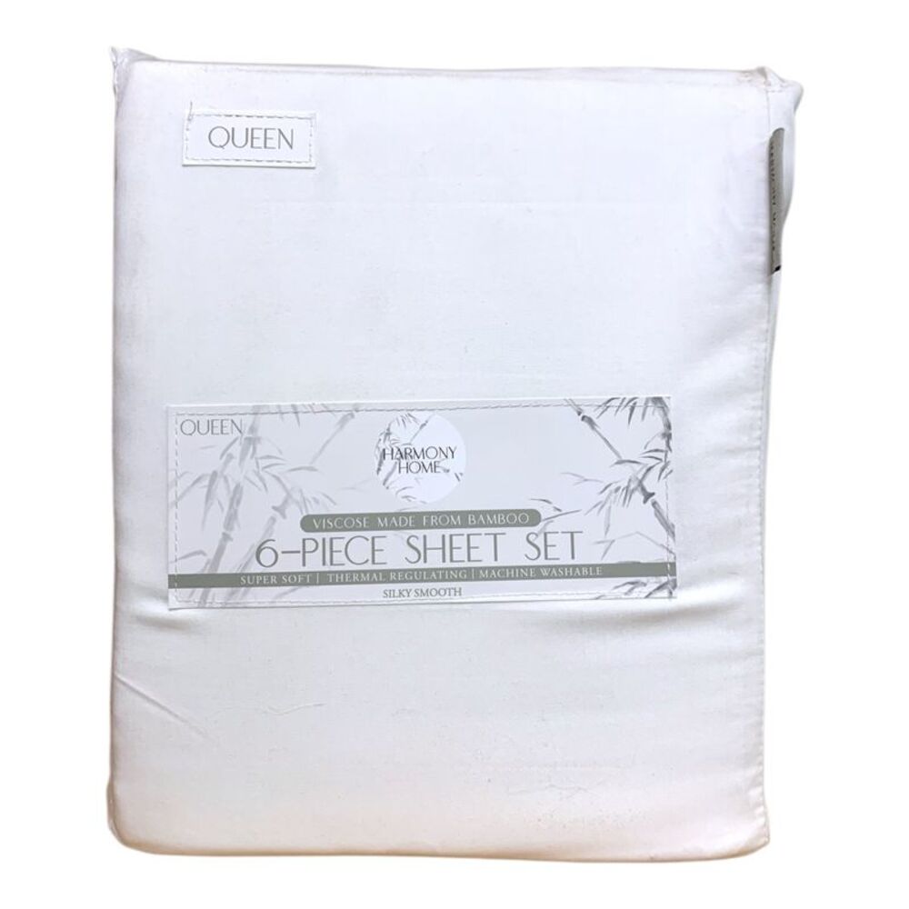 Harmony Home 6-Piece Sheet Set, Viscoise Made from Bamboo, Queen - White